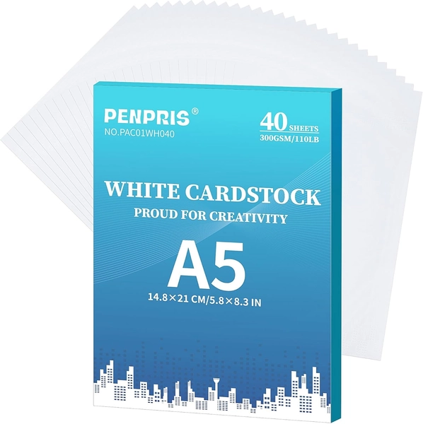 300Gsm White Cardstock - 40 Sheets A5 Size Cardboard Cover Card Stock 110Lb Heav