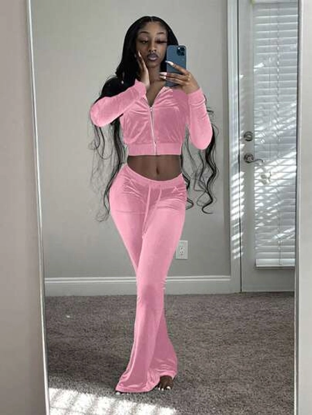 Zip Up Crop Jacket & Flare Leg Pants