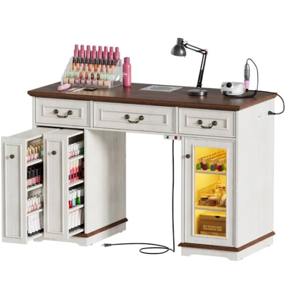 Nail Tech Desk With Dust Collector, Farmhouse Manicure Table Nail Station W/led Display Cabinet,power Outlet,dust Bags, Acetone-resistant,movable