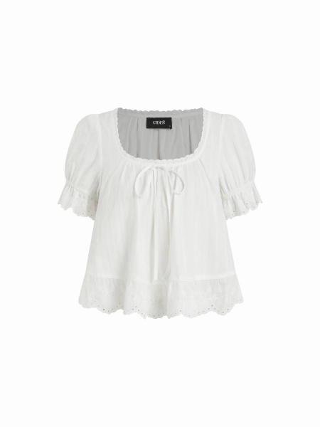 Cotton Lace Trim Knotted Short Puff Sleeve Blouse