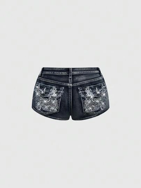 ROMWE Avant Spring/Summer Vintage Millennium Punk Y2K Super Low Waist Ultra Short Embroidery Women Denim Shorts - Size S