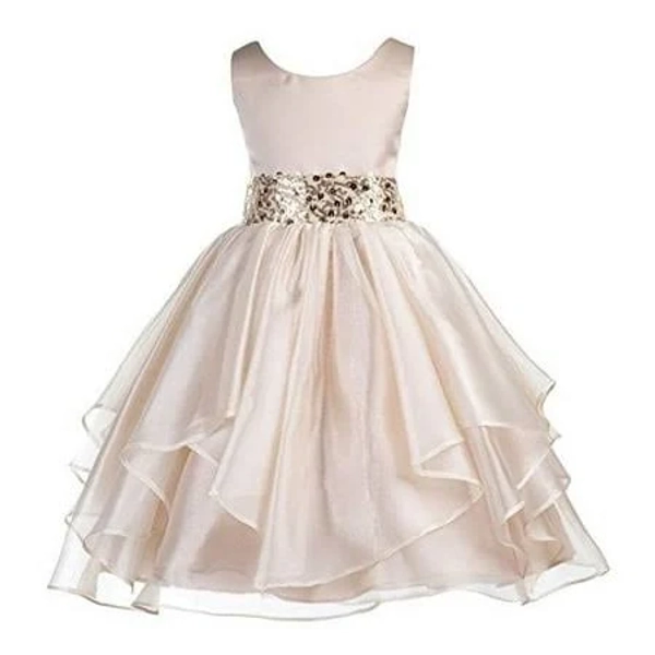 Girl's Asymmetric Ruffled Organza Sequin Flower Girl Dress