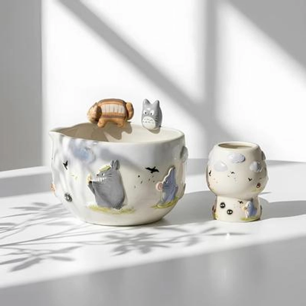 Handmade Neighbor Ceramic Matcha Set - Unique Chawan Bowl & Whisk Holder, Cute 3D Catbus Anime Tea Kit, Whimsical Gift for Her