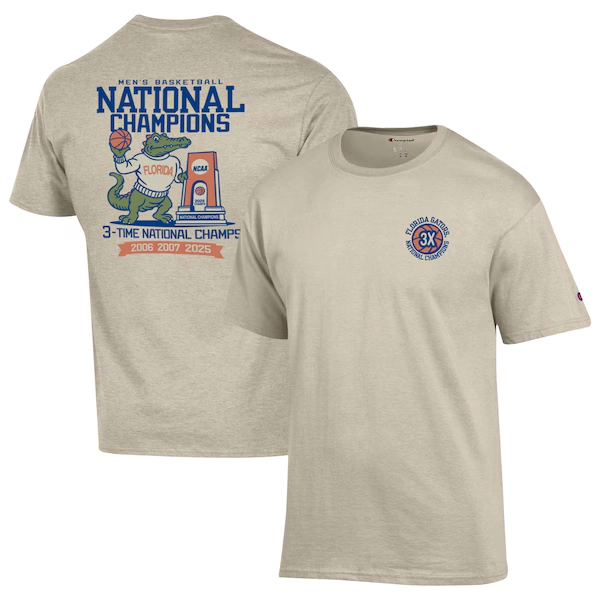  Florida Gators Champion Three-Time NCAA Men's Basketball National Champions T-Shirt - Oatmeal
