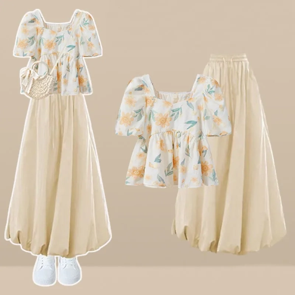 Floral Print Blouse Bubble Skirt Two Pieces Set