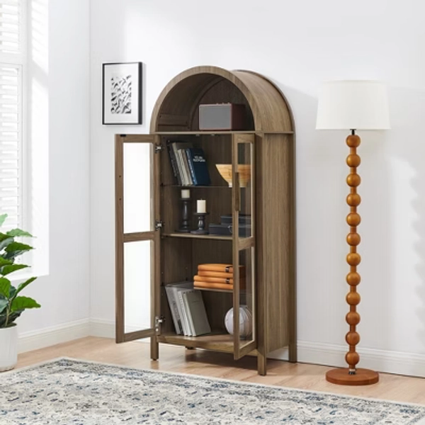 Tall Arched Cabinet, 5-Tier Arched Kitchen Pantry with Glass Doors & Shelves, Display Storage Cabinets with Adjustable Feet, Pantry Cabinet Brown