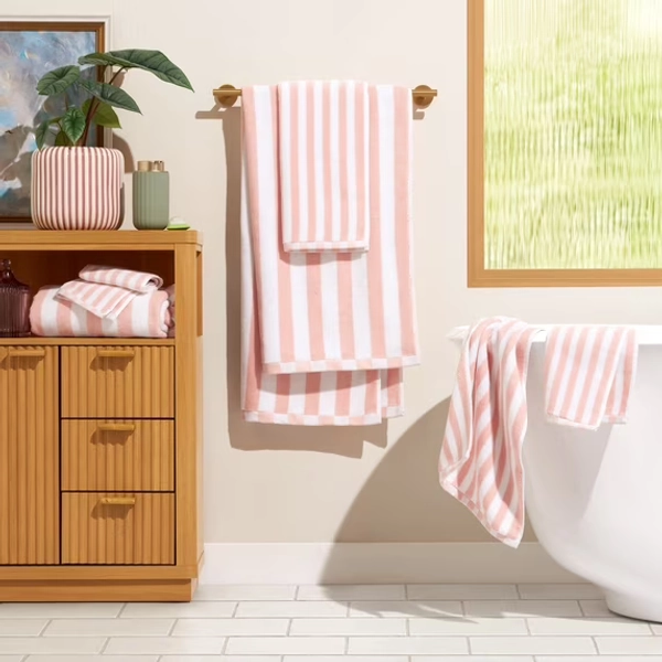 Beautiful by Drew Barrymore 6-Piece Stripe Hem Bath Towel Set, Soft Cotton, Rose