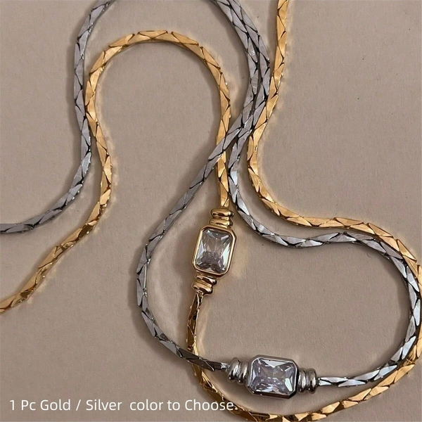 1pc Vintage 18K Gold Plated Flat Snake Chain Cubic Zirconia Pendant Necklace, Suitable For Women's Daily Wear And Wedding, Gift