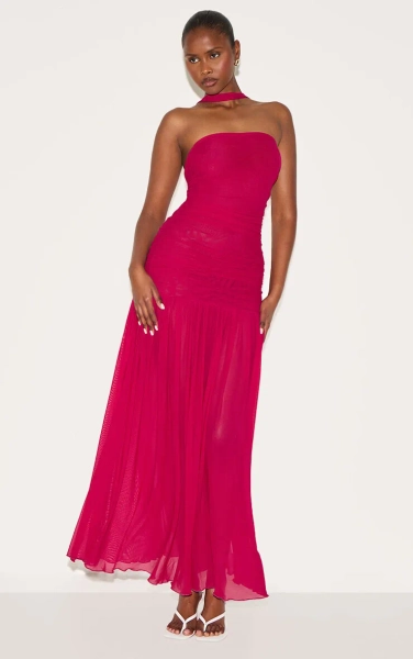 Fuchsia Floral Print Ruched Scarf Dropped Waist Maxi Dress