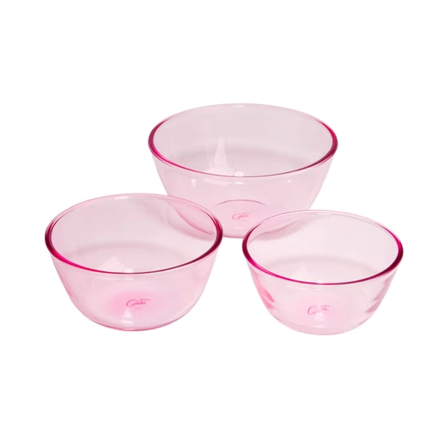 Paris Hilton 3-Piece Nesting Glass Mixing Prep Bowl Set, Microwave and Dishwasher Safe, Pink Tinted Glass