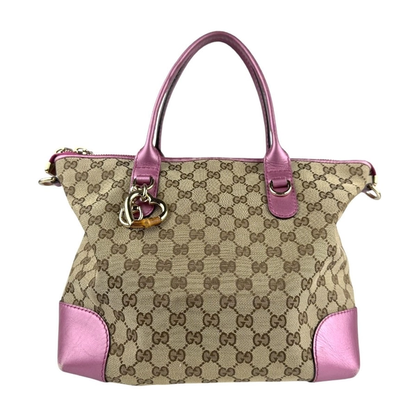 Auth GUCCI Handbag Shoulder Bag Metallic Pink/Brown GG Canvas/Leather - z5516