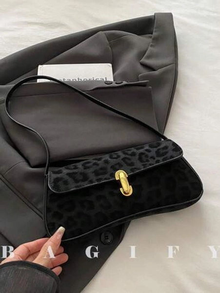 Borsa a tracolla vintage da donna con patta decorativa, in finta pelle oleata, adatta per appuntamenti, uscite e feste, con stampa leopardata