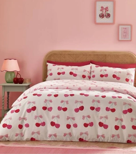 Catherine Lansfield Pink Cherries and Bows Reversible Duvet Cover Set
