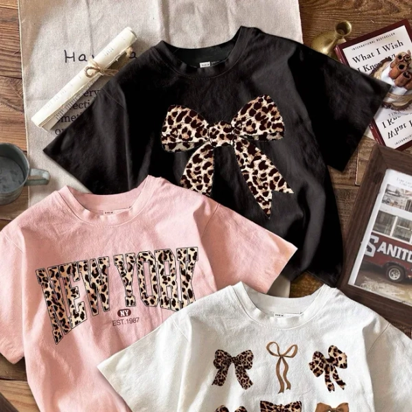 SHEIN Girls Cute Leopard Bow Printed T-Shirt