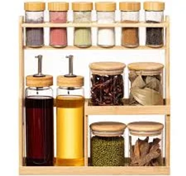 Basicwise 3-Tier Bamboo Spice Rack with 6 Spice Shaker Bottles, 4 Airtight Jars