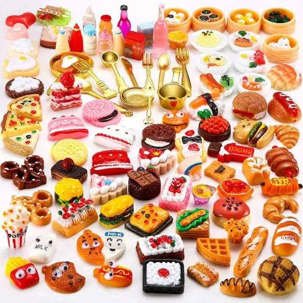 50 Pc Dollhouse Miniature Food Drink Mixed Kitchen Hamburger, Pizza,