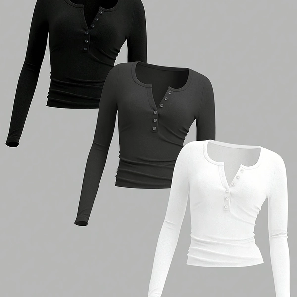 Elegant Solid Color 3-Pack Women's Long Sleeve T-Shirts - Slim Fit Knit 95% Polyester 5% Elastane Tops with Square Neck - Regular Length, Spring/Fall Collection