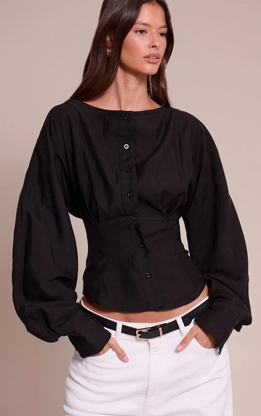 Black Collarless Detail Long Sleeve Shirt