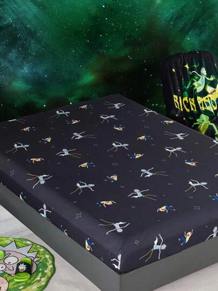 Rick and Morty X SHEIN 1pc Cartoon Character Printed Fitted Sheet,Suitable For Children Single/Double/Queen/King Bed