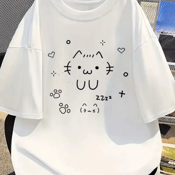 UU Cartoon Printed Fashion Pattern T-shirt Casual Short-sleeved White T-shirt Cute Cat Summer Style Playful and Comfortable Y2K - AliExpress 200000345