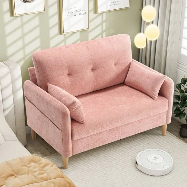 Ebern Designs Livora 47'' Chenille Tufted Loveseat Sofa with 2 Pillows and Storage Pockets