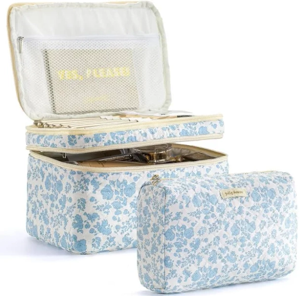 Hbselect 2pcs Double Layer Travel Makeup Bag Women, Cotton Quilted