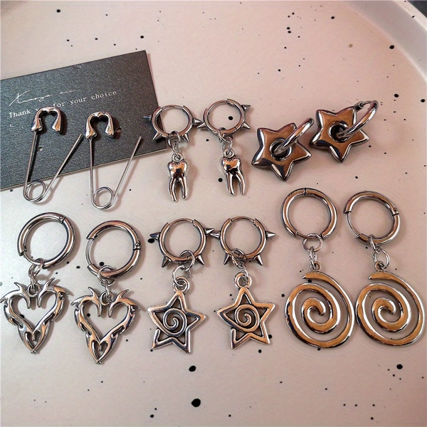 12pcs Gothic Thorn Heart Star Swirl Tooth Hoop Rivet Earrings for Women & Men - Punk Hip Hop Grunge Y2K Vintage Accessories, 304 304L 304L Stainless Steel, No Battery Needed