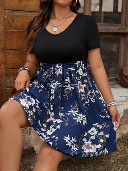 SHEIN LUNE Plus Size Vacation Casual Color-Block Floral Print Short Sleeve Dress
