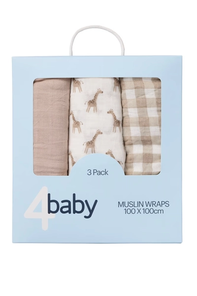 4Baby Muslin Wrap 3 Pack Natural Gingham