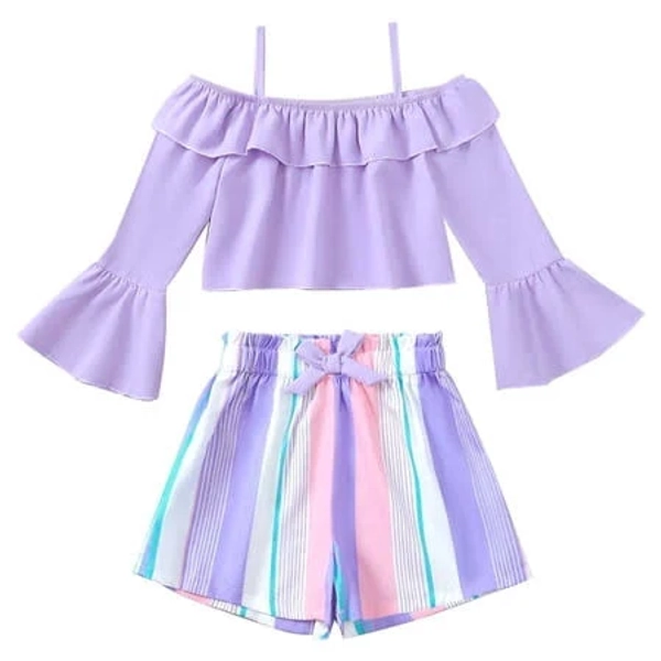 Yaoqi Big Girls Outfit Set Child Girls Clothes Ruffle Long Sleeves Off the Shoulder Top Bowknot Color Block Shorts 2pcs Clothing