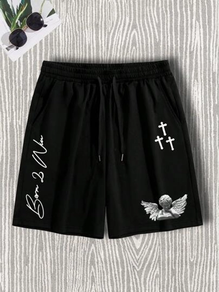 Manfinity Roghcode Men Angel & Letter Graphic Drawstring Waist Shorts