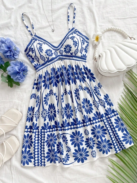 Soleia Women's Casual Vacation All-Over Print Spaghetti Strap Mini Dress Vacation Outfits Women Summer Holiday Outfits Summer Dress Floral Dress Carnival, Graphic  Floral Dresses For Women Holiday Dress