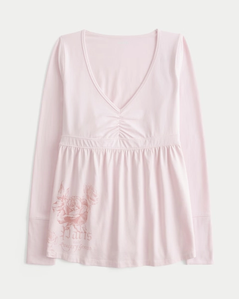 Long-Sleeve Pinch Bust Graphic Babydoll Top