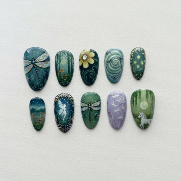 Fantasy Forest Press On Nails, Dragonfly Fairy Unicorn Nails, Mystic Green Night Garden Nails, Hand Painted Woodland Nail Art