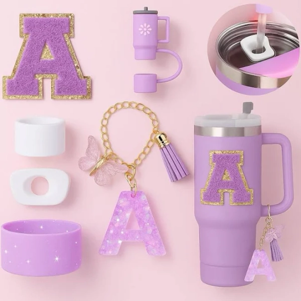 Stanley Cup 40oz Accessory Set: Silicone Boot, Topper & Initial Charms (Cup not Included)