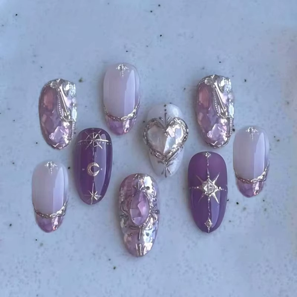 30pcs Star Moon False Nails Glossy Purple Crystal Sequins Design Fake Nail Tips Wearable Detachable INS Fashion Press on Nails - AliExpress 