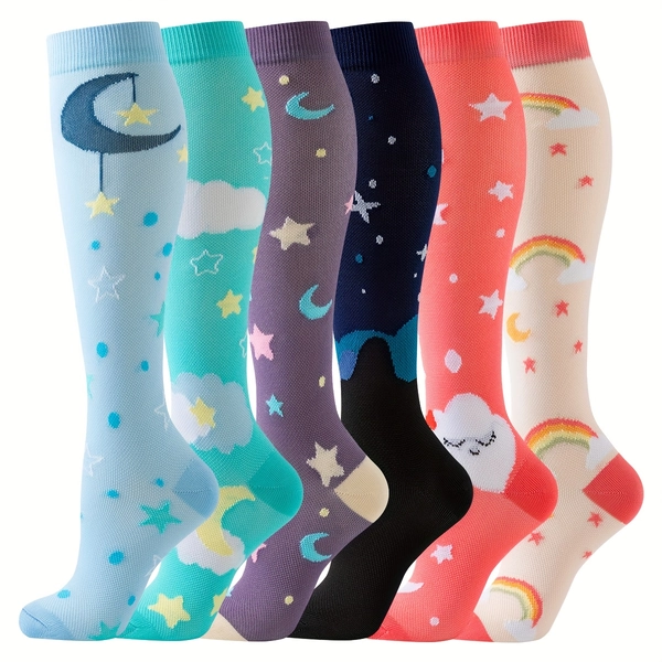 6 Pairs of Moon And Star Compression Socks for Men And Women, Breathable Knee-High Compression Socks for Sports, Nursing, Running, Cycling, And Hiking. Ideal Birthday Gift with a New Design for 2026