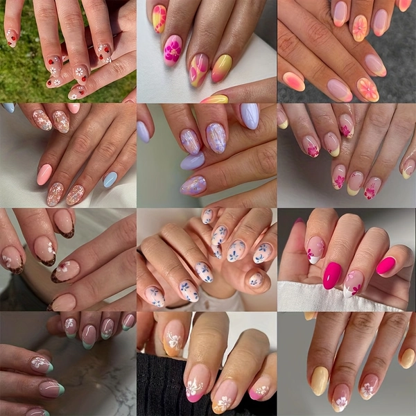 288pcs Full Coverage Short Oval Nail Flower Simple Style Press-On Nails, Removable, Y2K Design, Enhances Elegance, Suitable for Women and s Daily Wear