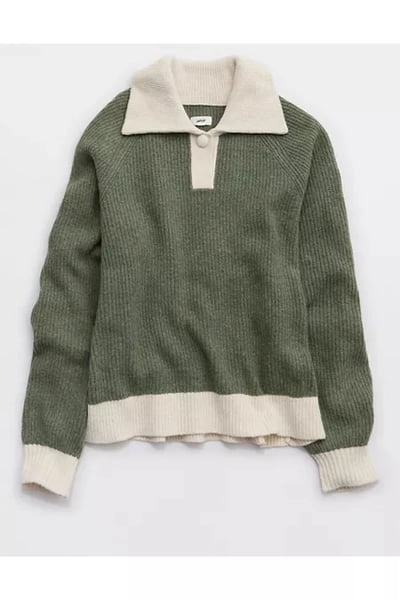 Aerie Classic Quarter Button Sweater Women's Olive Fun S