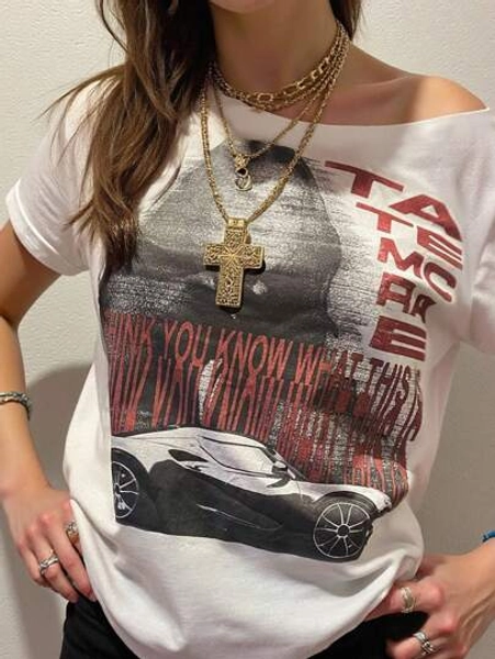 Women's Asymmetric Oversized Streetwear Retro Portrait Letter Racing Car Print Short Sleeve T-Shirt, Graphic Tee