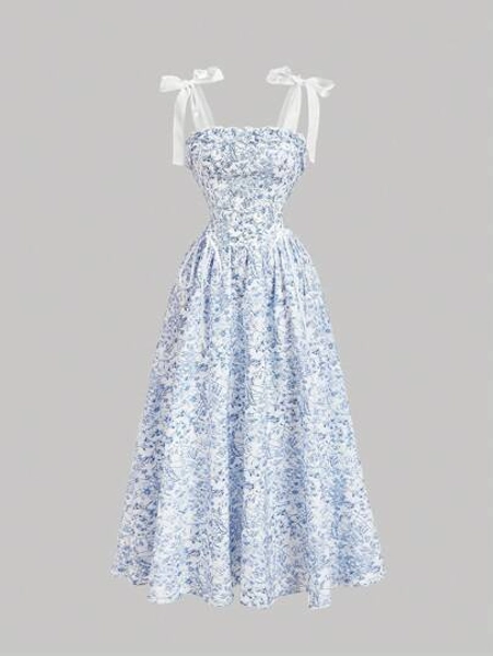 SHEIN MOD Women Bowknot Strap Floral Print Long Dress For Summer,Graduation Dress,Modest Dresses For Women,Summer Dresses,Summer Dresses For Women