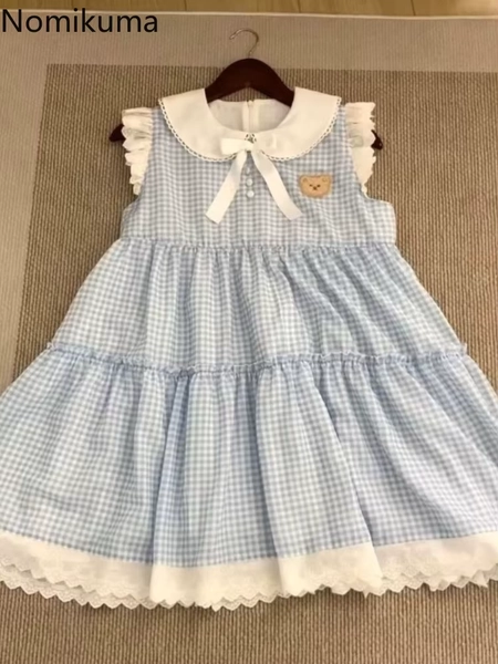 2025 Vestidos De Mujer Japanese Cute Dress for Women Embroidery Bear Patchwork Lace Loose Robe Femme Casual Chic Plaid Dresses - AliExpress 200000345