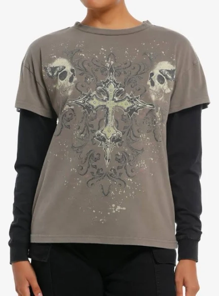 Grunge Girls Skull Cross Long-Sleeve Graphic T-Shirt