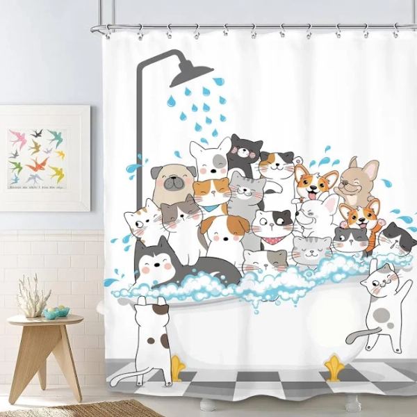 Svbright Funny Cats and Dogs Shower Curtain 60Wx72L Inch Kids Cartoon Cute Pets Animal Bathtub Raining Playing Showering Lovely