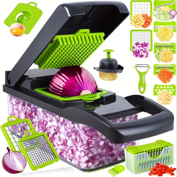 1pc Vegetable Chopper, Plastic Manual Food Chopper, 16-in-1 Multifunctional Kitchen Slicer and Dicer with 8 Blades and Container, for Fruits and Vegetables, 1-10L Capacity