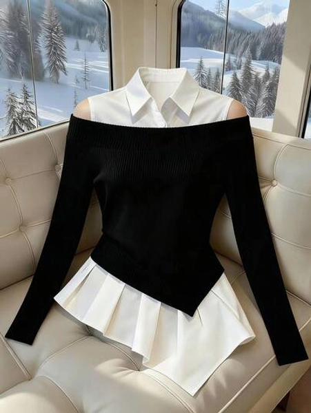 Franclia Women's French-Style Minimalist Fashion Irregular Faux Two-Piece Off-Shoulder PLOL Collar Long-Sleeved Classic Black And White Color-Blocked New Women's Top, Black And White Color-Blocked Shirtwinter Clothes For Women,Christmas,New Year Clothes,White Outfit For New Year's Eve,Party,Beach,Elegant,Casual,Casual Outfit For Women,Romance, Valentine's Day, Dating,Graduation Season Attire, Fashionable Casual Commuter Wear, Business Office Wear, Versatile And Stylish Everyday Casual Wear, Urban Teacher's Professional Attire