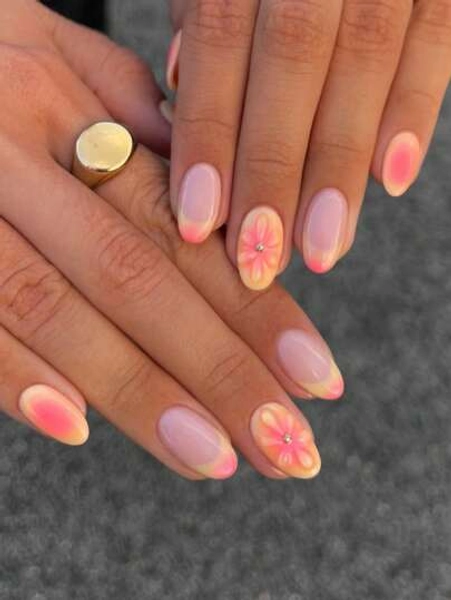 24Pcs Short Oval Grapefruit Fruit Shape 3D Gel Makes French Tip Press On Nails Short, Fit Perfectly Acrylic False Nail Set, Contain 1Pc Jelly Glue And 1Pc Nail File, Summer Nails & Flower Nails For Women And Girls To Diy Daily Work Study And Party Use Nail Supplies Nails