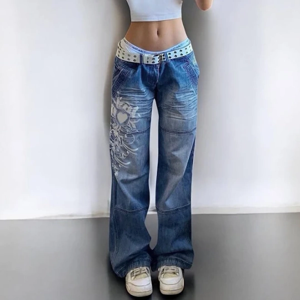Y2K Wide-leg Jeans with Vintage Heart Print