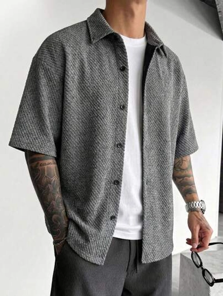1pc Men's Grey Twill Fabric Drop Shoulder Short Sleeve Shirt, Made Of Breathable Knit Fabric, Wrinkle-Resistant And Pilling-Resistant, Lightweight Mature Casual Style, Suitable For Summer Commute And Leisure Wear - Size L