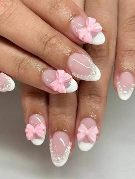24Pcs Short Oval Pink Bow With Pearl Design White French Acrylic Press On Nails Short Fit Perfectly Fake Nails Set, Include:1Pc Jelly Glue And 1Pc Nail File, French Tip Nails For Women And Girls For Daily Wear And Party Use Nail Supplies Nails